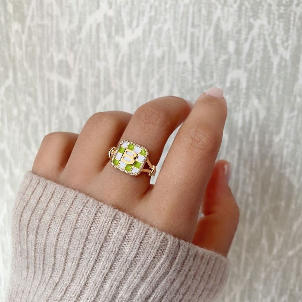 18K Gold Plated Pop Green Enameled Square Signet Ring